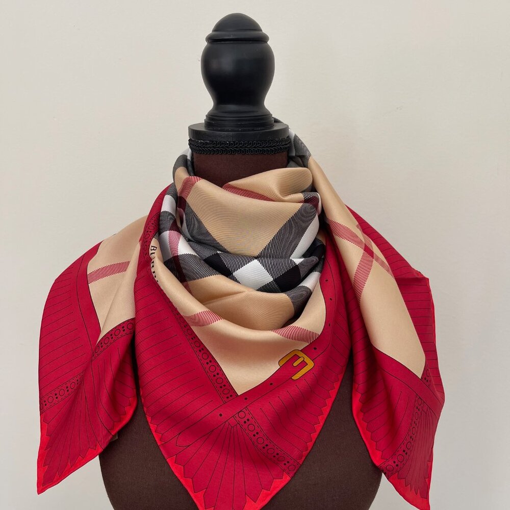 Display #6 New Burberry Scarf Beige with Red border - Picture 11 of 16